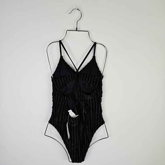 New Cupshe Metallic Black Plunge Ruched One-Piece Swim Suit Size Small Padded - Picture 4 of 15